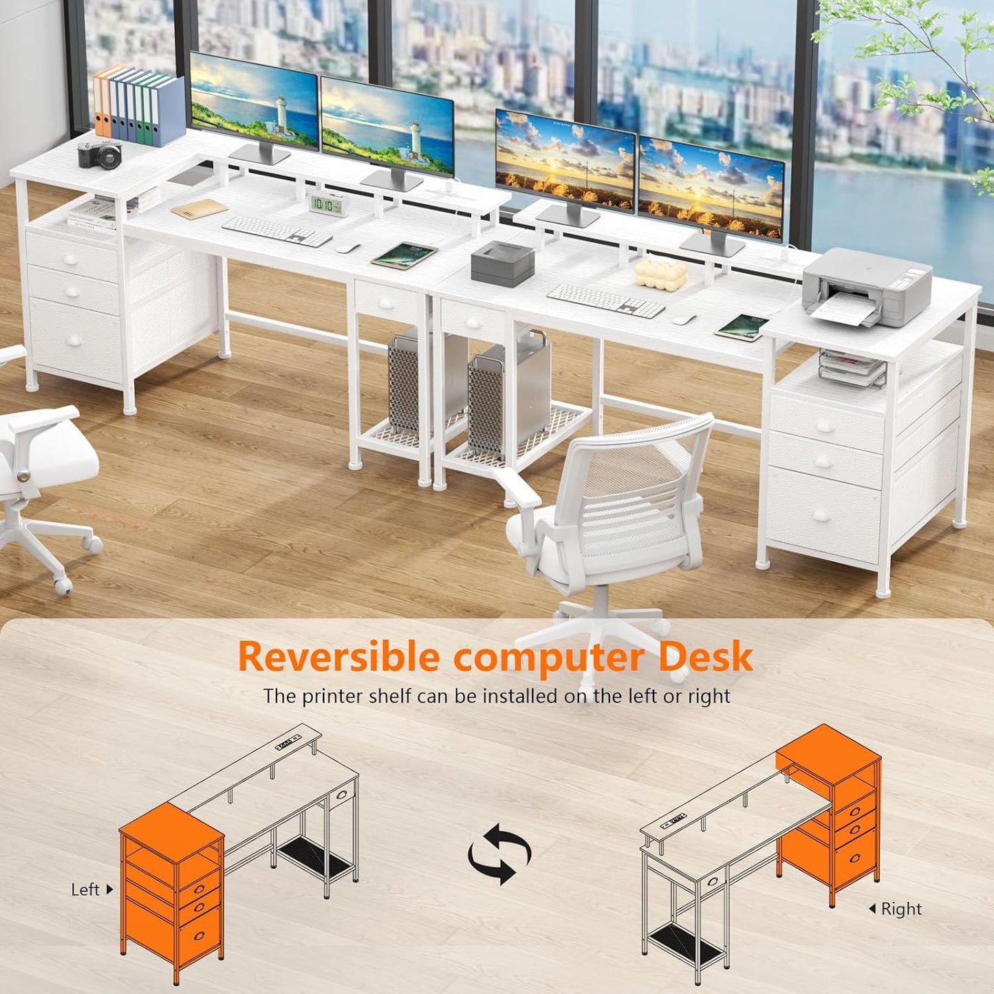 60" White Office Computer Desk with 4 Drawers,Gaming Desk with LED Lights and Power Outlets,Long Desk with Fabric File Cabinet,Study Writing Work Table with Shelf for Bedroom Home Office