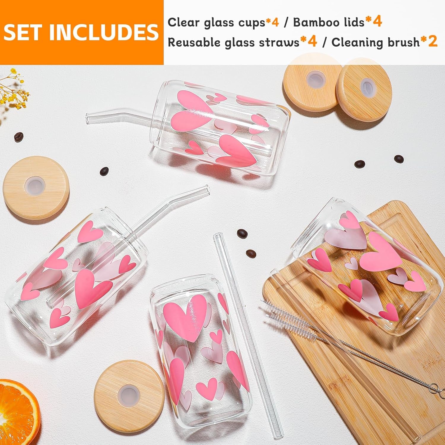 Glass Cups with Lids and Straws with Design Pink Hearts 4 Pcs,Clear Glass Cups 16 Oz-Glass Tumbler,Cute Glass Iced Coffee Cups with Lids and Straws