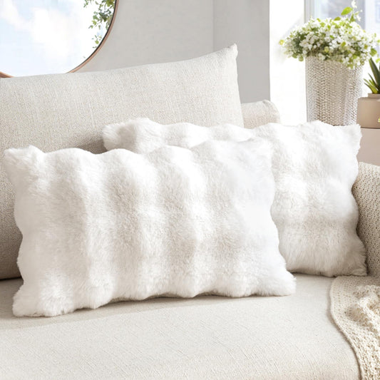 Set of 2 Luxury Faux Fur Lumbar Pillow Covers, Soft Plush Decorative Cushions for Couch, Bedroom, and Living Room, 12x20 Inch White