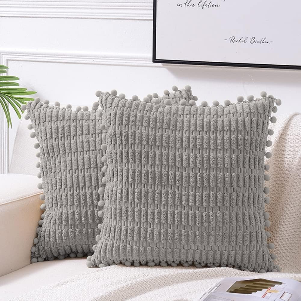 2 Packs Gray Farmhouse Decorative Throw Pillow Covers 18X18 Inch with Pom-Poms for Living Room Couch Bed Sofa, Rustic Boho Home Decor, Soft Striped Corduroy Square Cushion Case 45X45 Cm