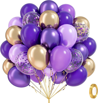 60Pcs Purple and Gold Balloons 12Inch with Dark Purple Metallic Gold Confetti Latex Balloons for Graduation Wedding Baby Shower Birthday Party Decorations