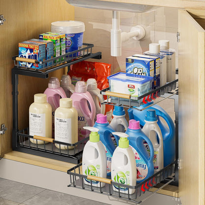 2 Pack under Sink Organizer and Storage, 2 Tier Pull Out Cabinet Organizer, Slide Out under Sink Storage Shelf, Undersink Organizers Shelves for Kitchen Bathroom Pantry Organization