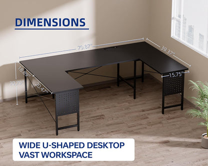 71 Inch Large Computer Desk with Power Outlets,U Shaped Corner Desk for Home Office Work and Gaming Pink