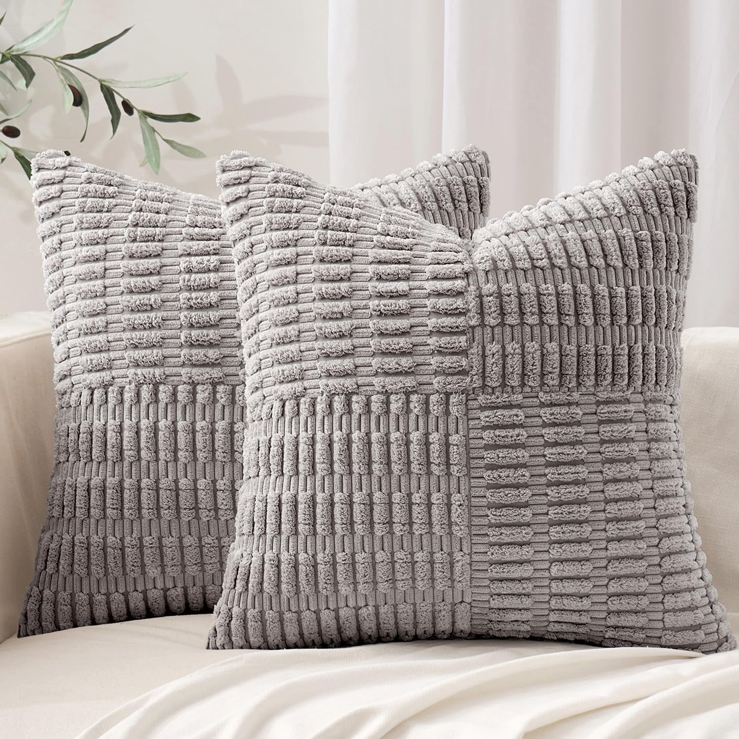 Set of 2 Light Grey Decorative Pillow Covers 18X18 Inch Textured Striped Patchwork Accents Farmhouse Boho Soft Corduroy Couch Pillows for Sofa Living Room Bed Home Decor