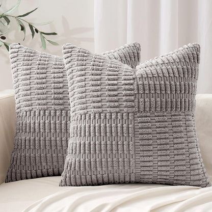 Set of 2 Light Grey Decorative Pillow Covers 18X18 Inch Textured Striped Patchwork Accents Farmhouse Boho Soft Corduroy Couch Pillows for Sofa Living Room Bed Home Decor