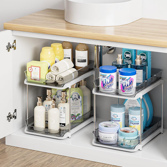 2 Sets of 2-Tier Multi-Purpose Bathroom Cabinet under Sink Organizers and Storage, Stackable Kitchen Pantry Organization and Storage, Grey