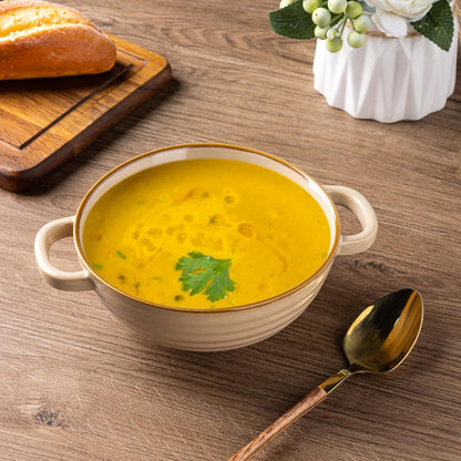 Ceramic Soup Bowls with Double Handles, 24 oz Set of 4 - Ideal for Soup, Cereal, Stew, Salad, Noodles, Ramen - Microwave and Dishwasher Safe