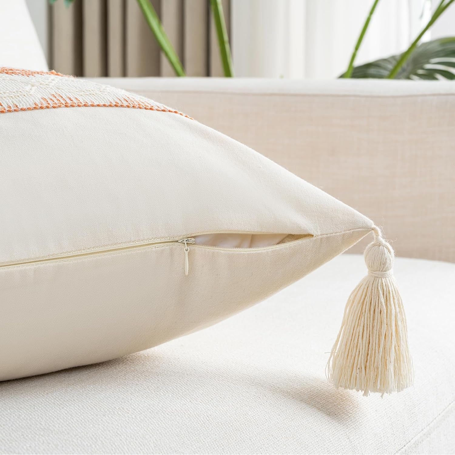 Set of 2 Boho Coral Lumbar Decorative Throw Pillow Cover 12X20 Inch for Couch Bed Sofa Chair, Modern Organic Farmhouse Home Decor, Cotton Cute Accent Rectangle Cushion Case with Tassels