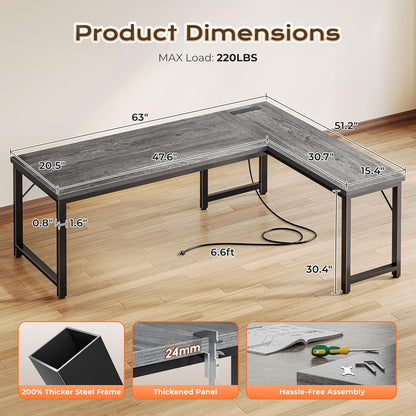 63-Inch L-Shaped Desk with Integrated Power Outlets and USB-C Port, Reversible Design, Spacious Corner Gaming and Office Desk, 0.95-Inch Thick Desktop, Sturdy Metal Frame, Ideal for Home Office and Study, Grey