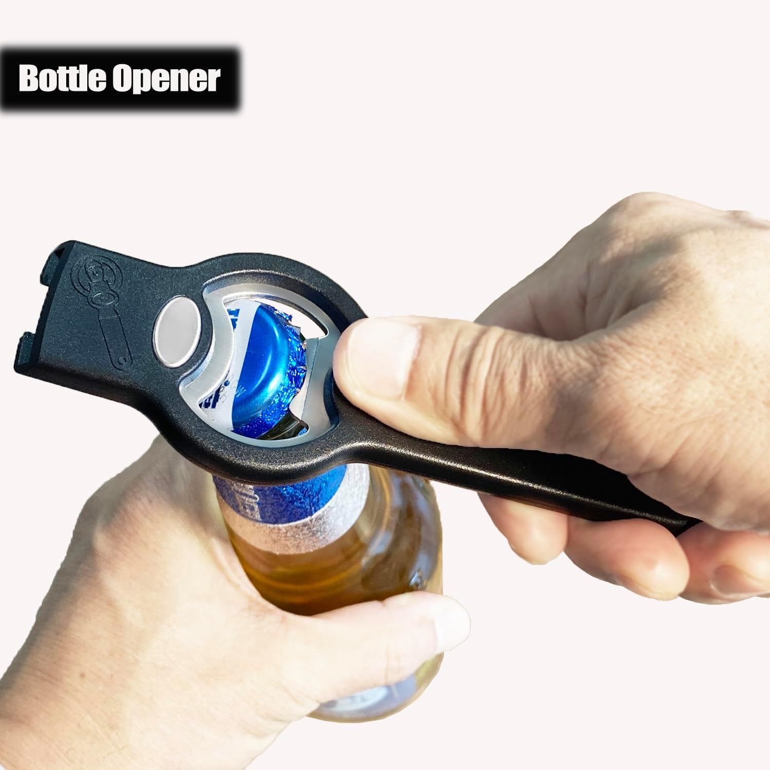 3-In-1 Magnetic Bottle and Can Opener for Refrigerator, Stainless Steel Manual Can Punch Opener for Liquid with Cap Catcher, Stick to Fridge for Easy Storage, Can Tapper Church Key with Magnet (Black)