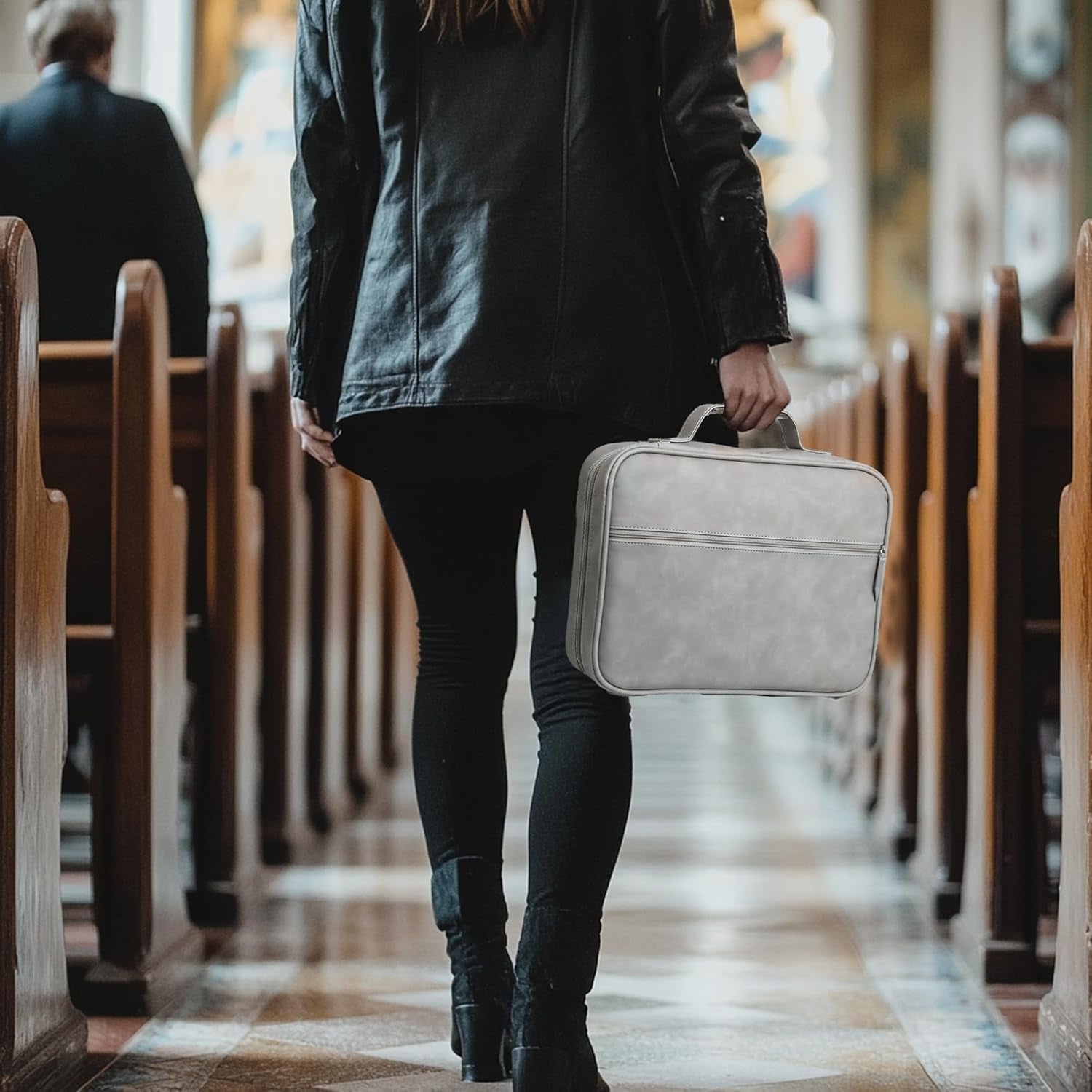 Leather Bible Cover for Men and Women, Water-Resistant Case with Handle and Zip Pocket, Minimalist Design, Ideal Gift