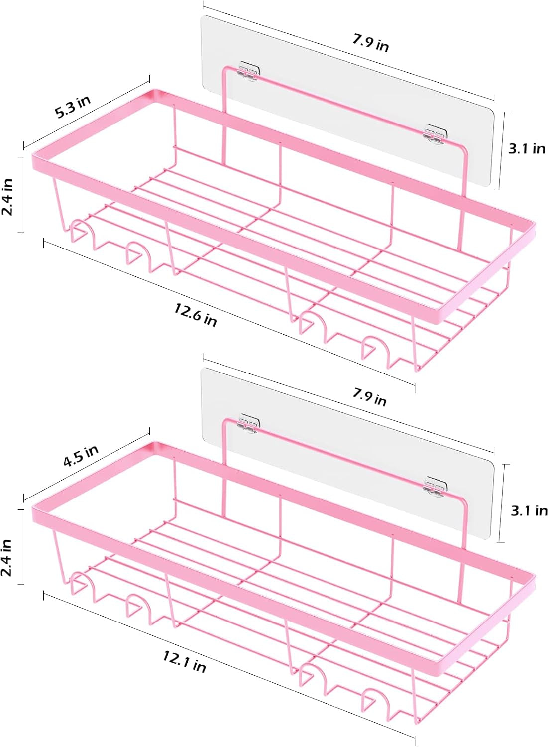 2 Pack Adhesive Shower Caddy Organizer with Hooks, Rustproof No Drilling Wall Mounted Storage Shelf Rack for inside Shower/Bathroom/Kitchen (Pink)