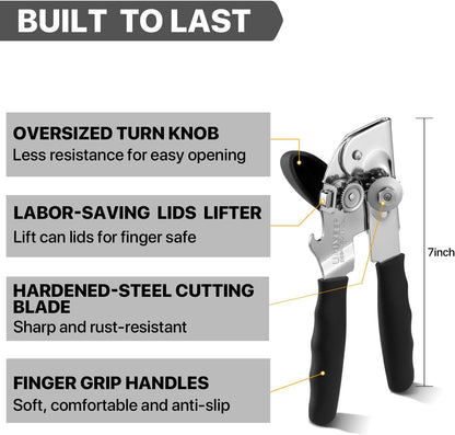 Can Opener Manual Heavy Duty,  Hand Held Can Openers for Seniors with Comfort Grip Sharp Blade, Solid Steel Hand Manual Can Open with Magnet for Kitchen Camping, Black