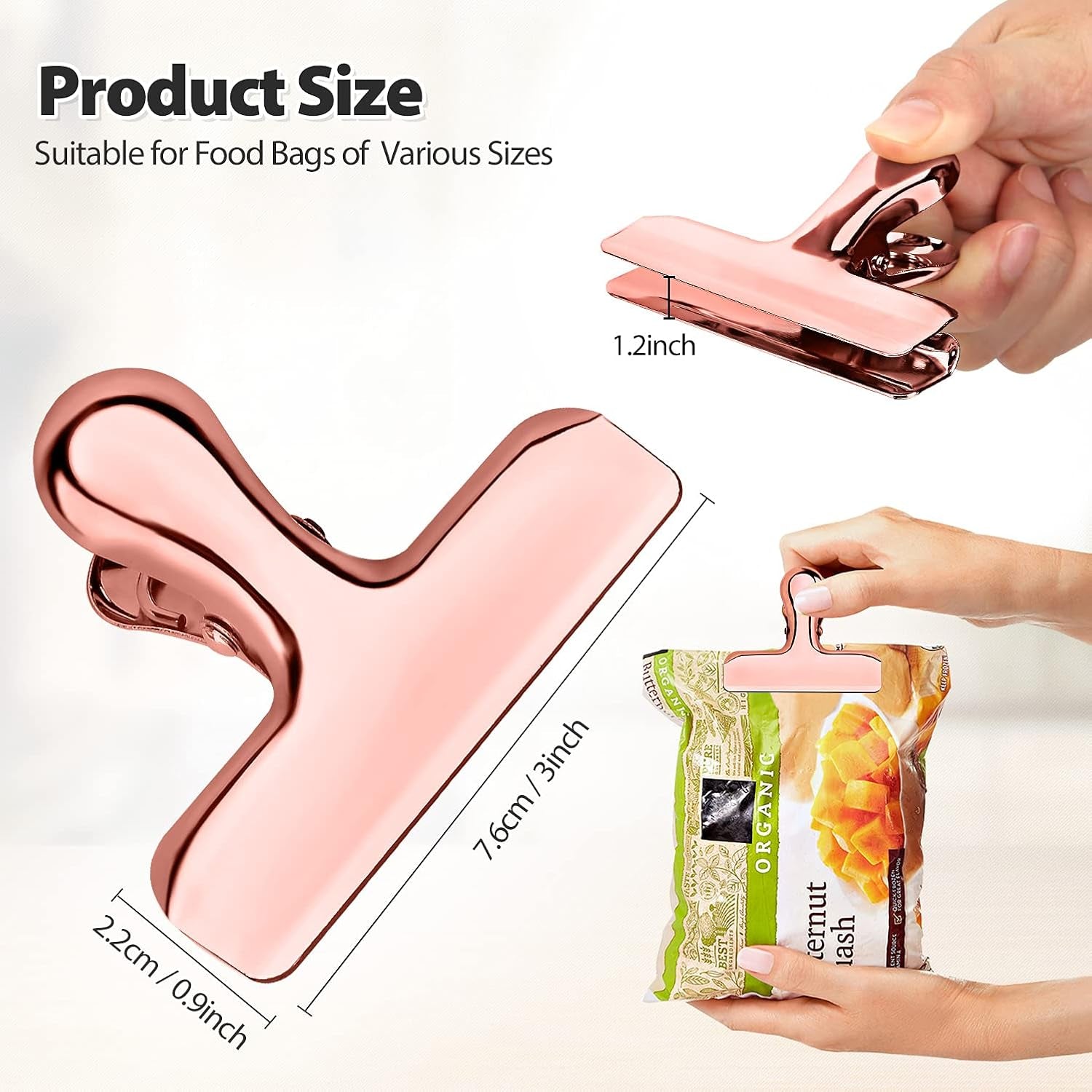 Pack of 8 Bag Clips, Stainless Steel and Heavy Duty Metal Bag Clip,Tightly Seals Chip, Coffee, Bread or Cereal Bags to Keep Food Fresh, for Home, Kitchen, Office, Pantry, Camping (Rose Gold)