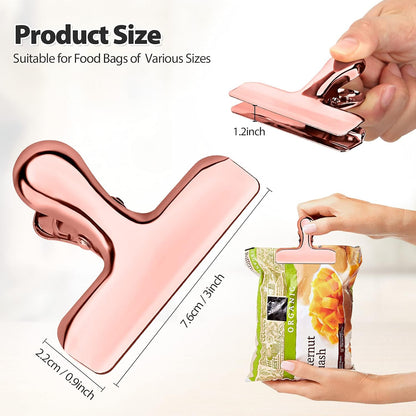 Pack of 8 Bag Clips, Stainless Steel and Heavy Duty Metal Bag Clip,Tightly Seals Chip, Coffee, Bread or Cereal Bags to Keep Food Fresh, for Home, Kitchen, Office, Pantry, Camping (Rose Gold)