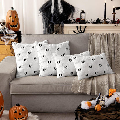 Halloween Pillow Covers Set of 2 White Ghost Decorative Soft Throw Pillows Plush Faux Fur Wool Couch Cushion Case for Fall Decor Chair Sofa Bedroom Living Room 18X18 Inch