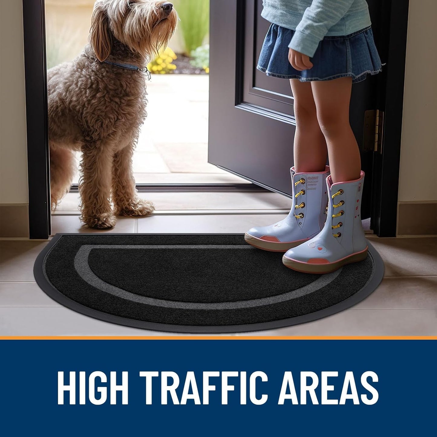 Half Circle Door Mat Indoor Outdoor Entrance Welcome, Waterproof All-Season, All-Weather Doormat, Sturdy Natural Rubber, Low Profile, Easy Clean Patio Porch Entryway Mat, 29.5X17, Black