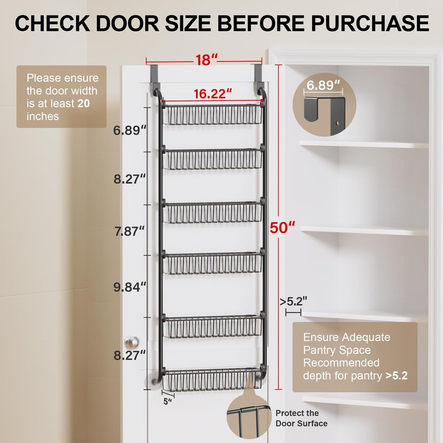 over the Door Pantry Organizer, 6-Tier Metal Pantry Door Organization and Storage, Hanging Kitchen Basket Spice Rack Seasoning Shelves, Cabinet Door Organizer for Easy Install,D5Xw18Xh50Inch