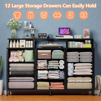 55-Inch Black Dresser with LED Lighting and Power Outlets, Featuring 12 Storage Drawers and 2 Shelves, Ideal for Bedroom, Living Room, or Entryway, Wooden Top with Metal Frame