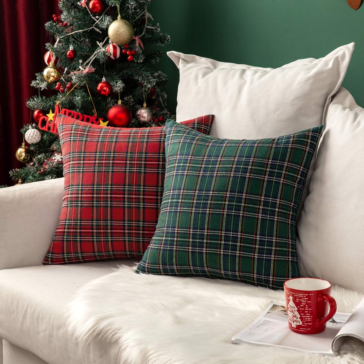 Christmas Set of 2 Scottish Tartan Plaid Throw Pillow Covers Farmhouse Classic Decorative Outdoor Square Cushion Cases for Home Decor Sofa Couch 18X18 Inch, Red