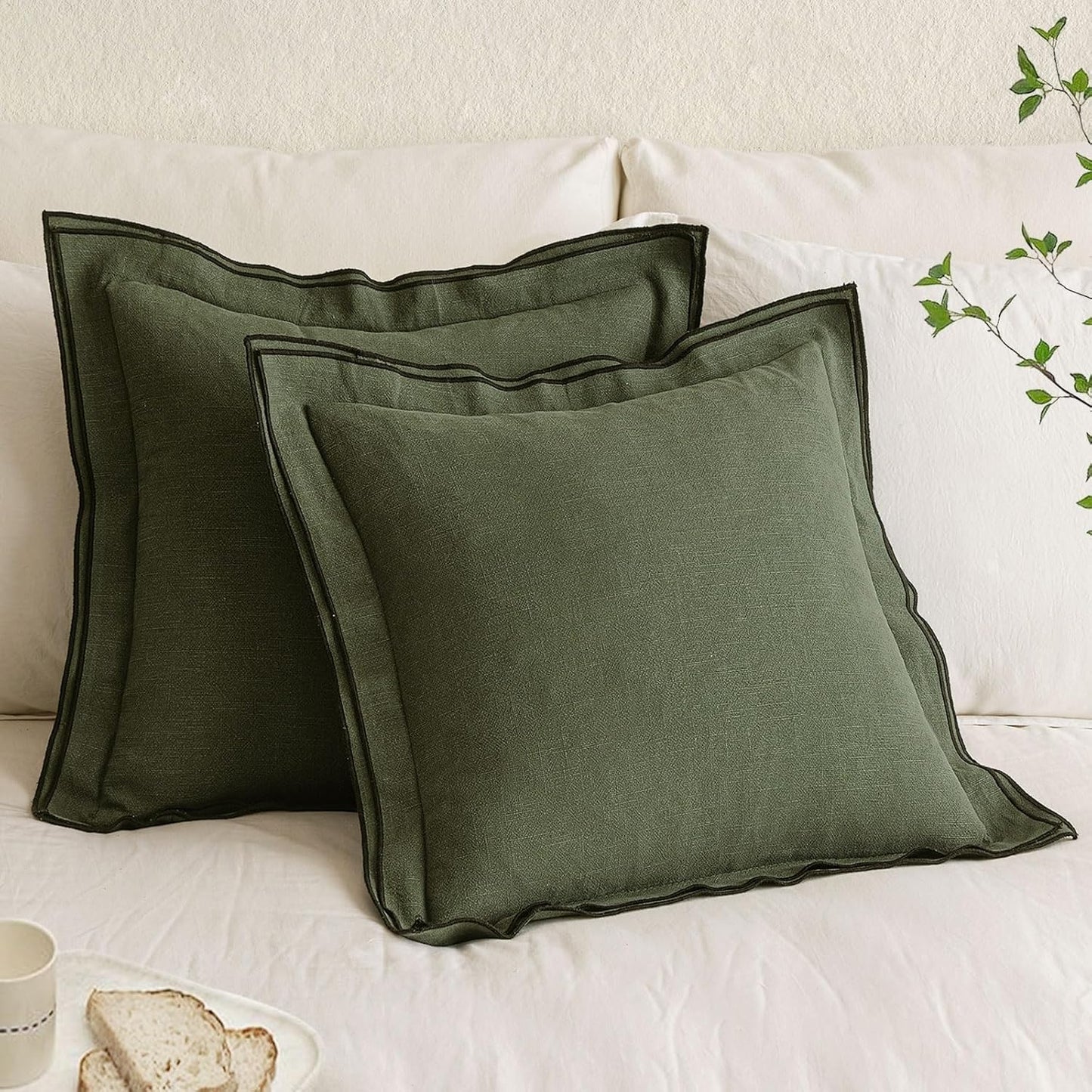 Linen Throw Pillow Covers, 2 Piece 18X18 Inch Dark Olive Green, Boho Euro Pillowcases for Bed to Infuse Elegance, Ideal for Sofa Couch Cushion in Home Decor Upgrade