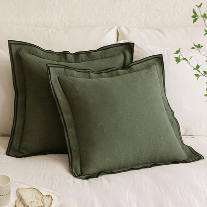 Linen Throw Pillow Covers, 2 Piece 18X18 Inch Dark Olive Green, Boho Euro Pillowcases for Bed to Infuse Elegance, Ideal for Sofa Couch Cushion in Home Decor Upgrade