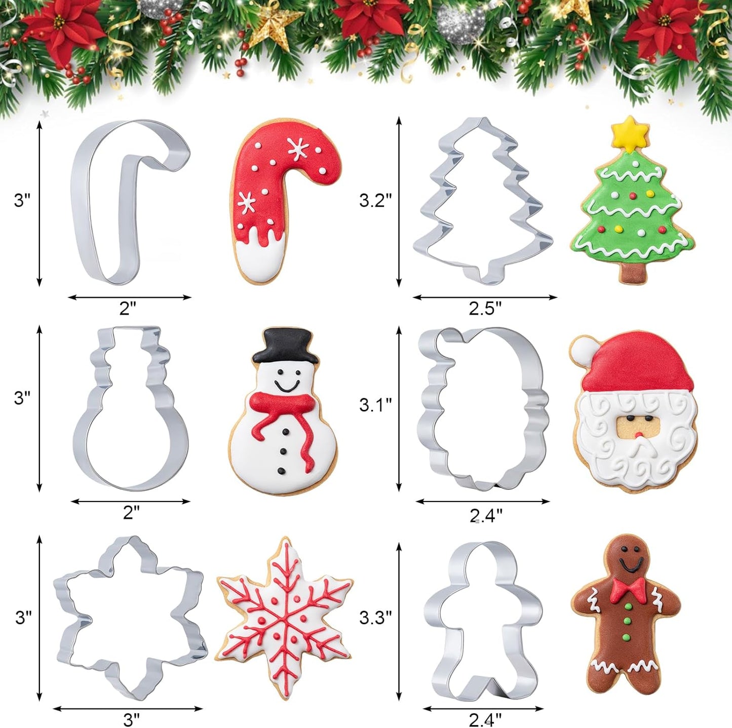 Christmas Cookie Cutters Set 6 Pieces,Stainless Steel Metal Cutter with Christmas Tree, Gingerbread Man, Snowman, Snowflake, Candy Cane, Santa Face Shapes for Holiday