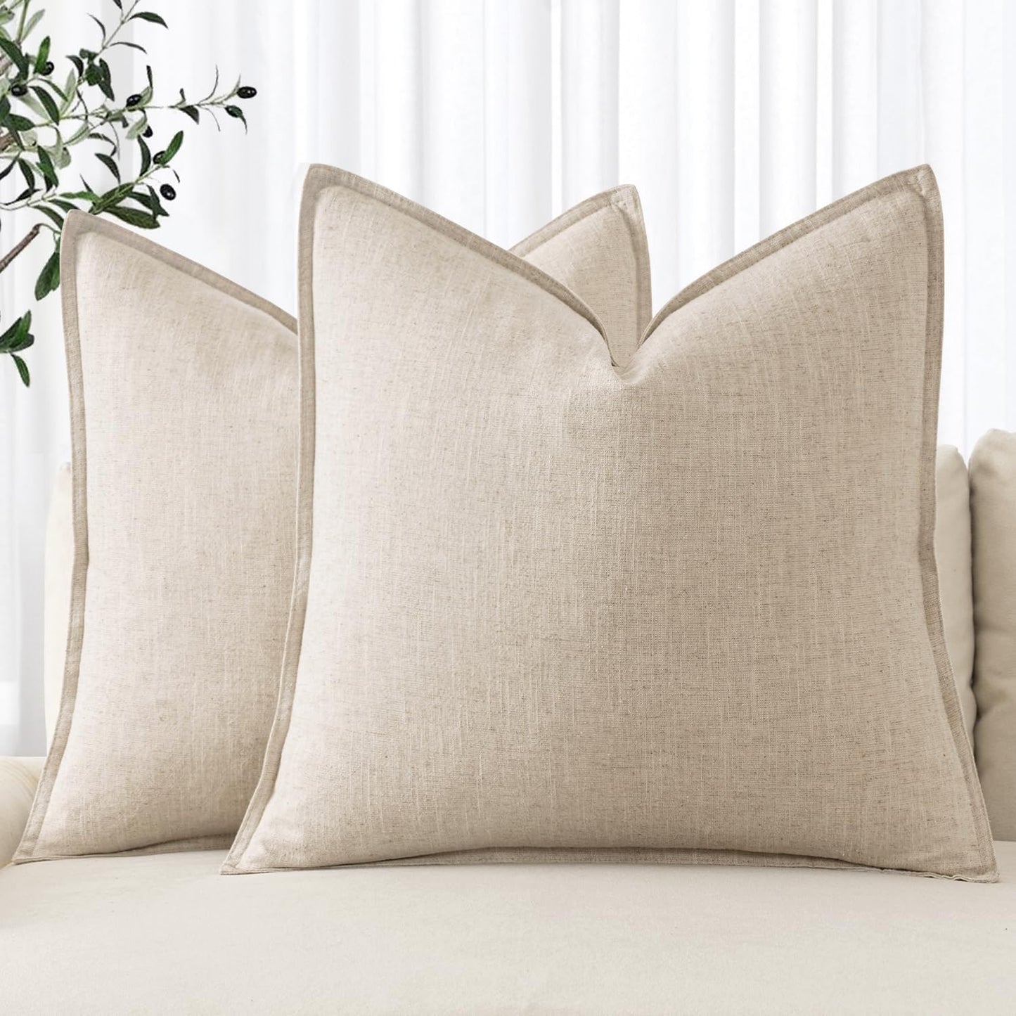 Decorative Linen Pillow Covers 18X18 Inch Natural Beige ​Boho Farmhouse​ ​Neutral Couch Throw Pillows for Bed Pack of 2 Accent Modern Pillowcase Sofa Livingroom Home Decor
