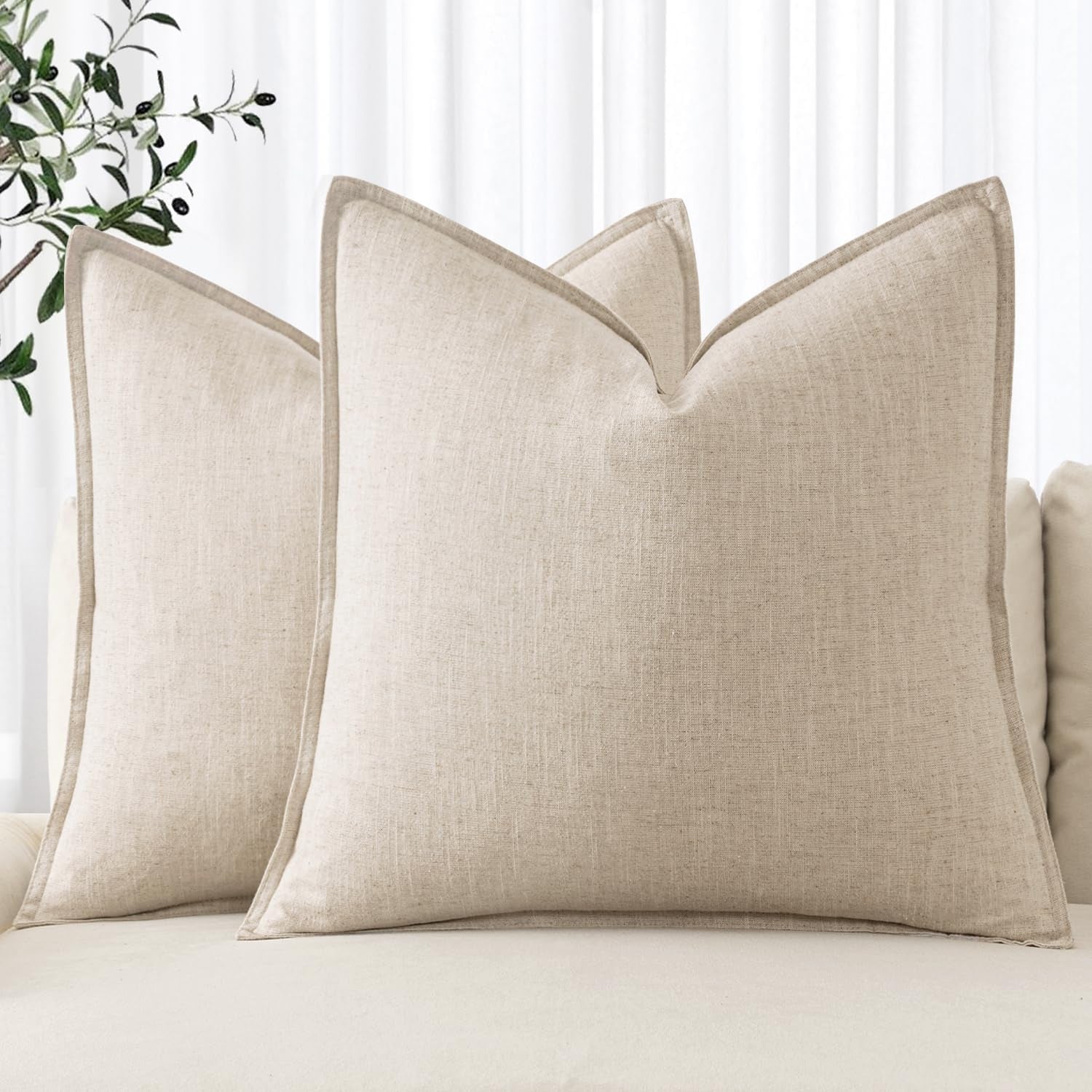 Decorative Linen Pillow Covers 18X18 Inch Natural Beige ​Boho Farmhouse​ ​Neutral Couch Throw Pillows for Bed Pack of 2 Accent Modern Pillowcase Sofa Livingroom Home Decor