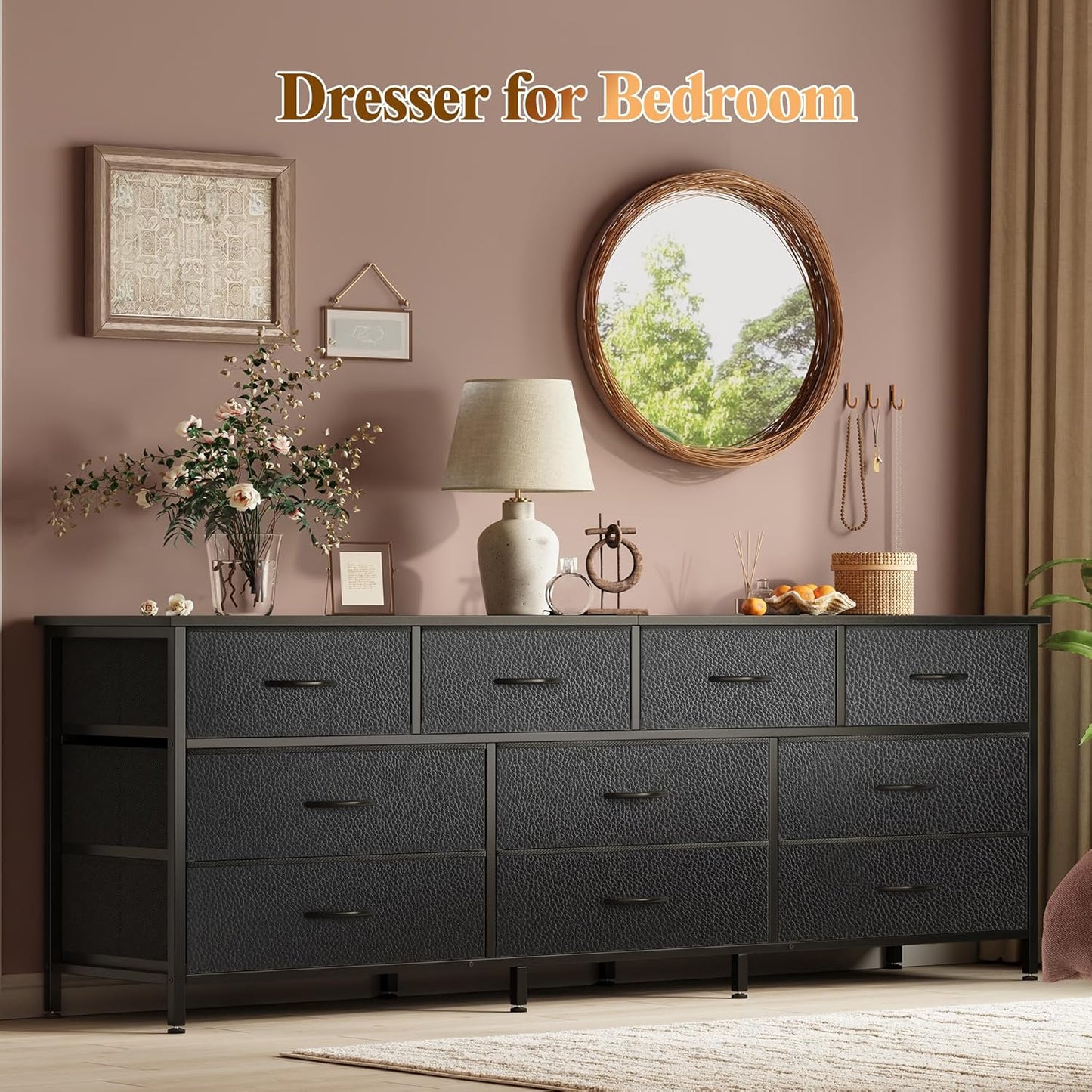 63-Inch Versatile Dresser with 10 Fabric Drawers, Ideal TV Stand for 55 to 70 Inch TVs, and Toy Storage Organizer in Black