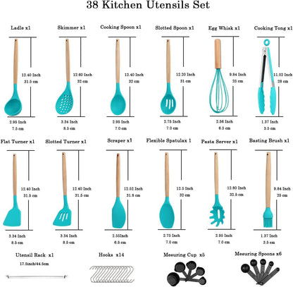 38-Piece Silicone Kitchen Utensils Set with Non-Stick Cookware, Wooden Handles, Multi-Use Hooks, and Utensil Racks (Blue)
