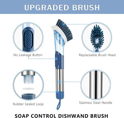 Dish Brush with Soap Dispenser Dish Scrubber with 4 Replaceable Heads Kitchen Dish Scrub Brush with Stainless Steel Handle Dish Cleaning Brush Dish Wand for Dishes, Pots…