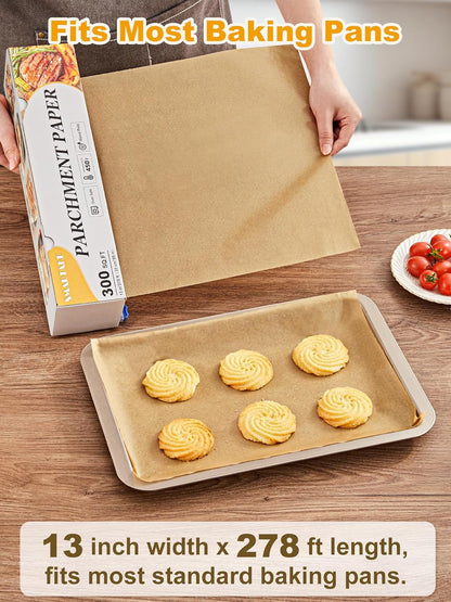 Parchment Paper Roll for Baking, 13 in X 278 Ft, 300 Sq.Ft, Non-Stick Baking Paper Sheets with Slide Cutter, Heavy Duty Extra Long, for Kitchen Baking Cooking Grilling Steaming, Unbleached