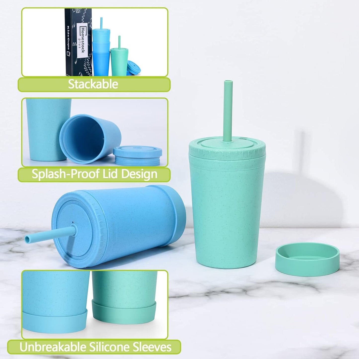 Reusable Wheat Straw Cups with Lids and Silicone Straws, 10 Oz Chip Resistant E-Co Friendly Small Water Cups for Milk, Drinks, Smoothies - 4 Colors