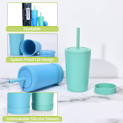 Reusable Wheat Straw Cups with Lids and Silicone Straws, 10 Oz Chip Resistant E-Co Friendly Small Water Cups for Milk, Drinks, Smoothies - 4 Colors