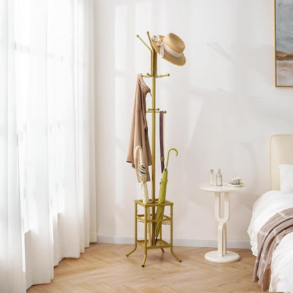 Coat Rack Freestanding, Coat Tree with Umbrella Holder, Metal Coat Rack Stand with 12 Hooks, Modern Coat Hanger Stand for Entryway, Purse Rack Hat Rack Stand for Living Room Bedroom Office