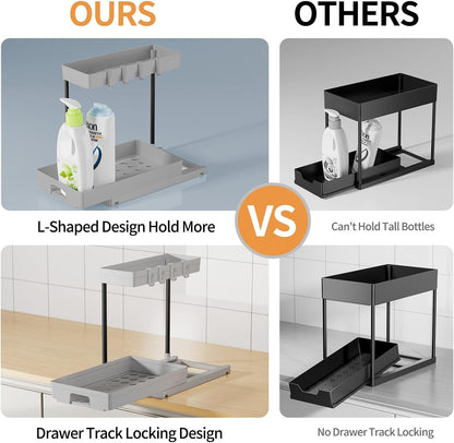 2 Pack under Sink Organizers and Storage, L-Shape Grey under Bathroom Kitchen Sink Organizer with Drawer for under Sink Storage Organizer
