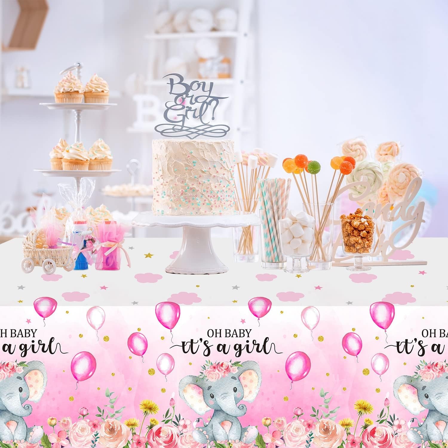 3 Pack Elephant Baby Shower Decorations - Plastic Tablecloth Table Cover Backdrop for Boy Girl Gender Party Supplies, 54 X 108 Inch, Pink