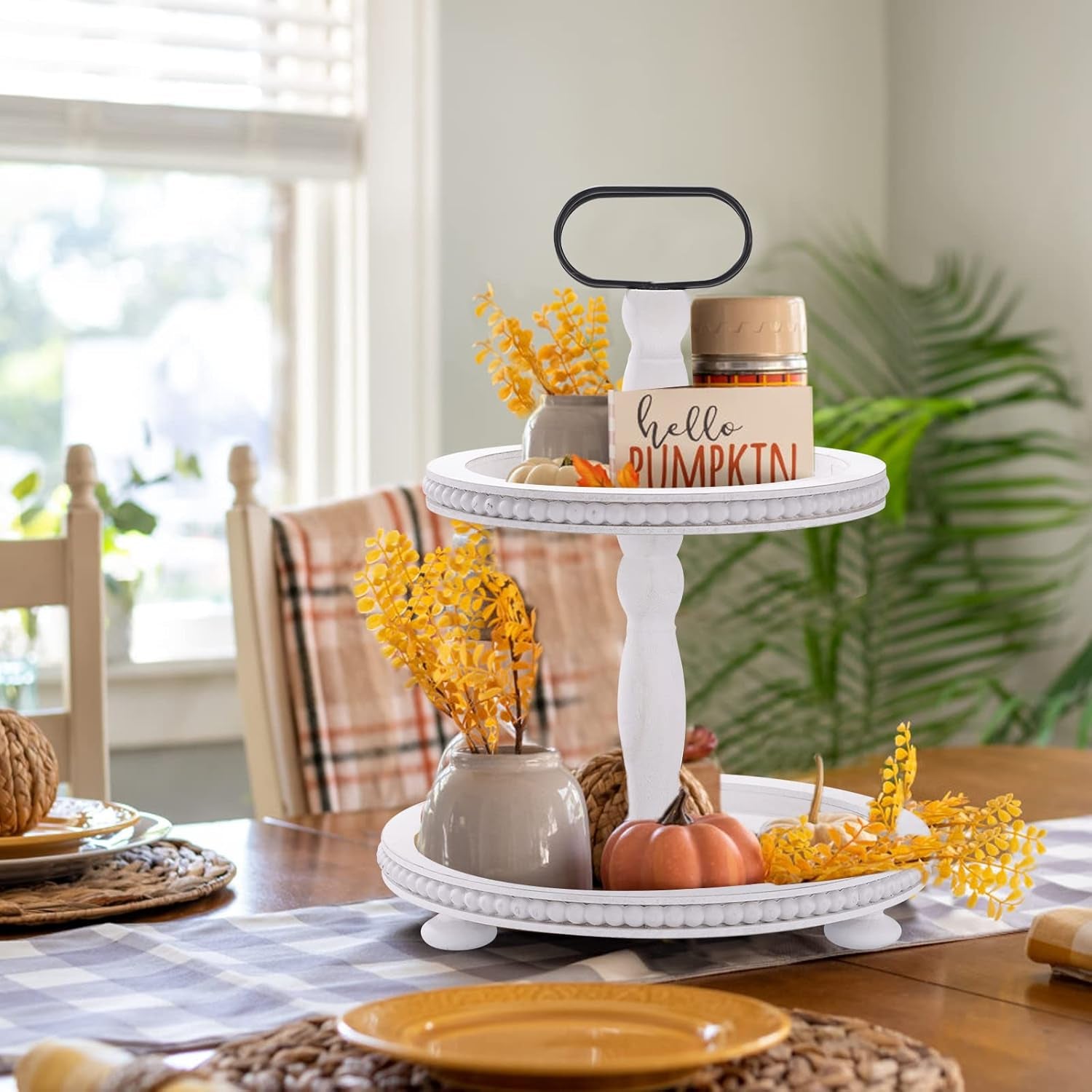 Wooden Decorative Tray Two Tiered Trays Decorations round Serving Tray with Metal Handle, Wooden Cupcake Stand for Party Tiered Dessert Stand - Retro White Farmhouse Wood Tray