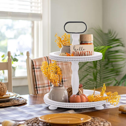 Wooden Decorative Tray Two Tiered Trays Decorations round Serving Tray with Metal Handle, Wooden Cupcake Stand for Party Tiered Dessert Stand - Retro White Farmhouse Wood Tray