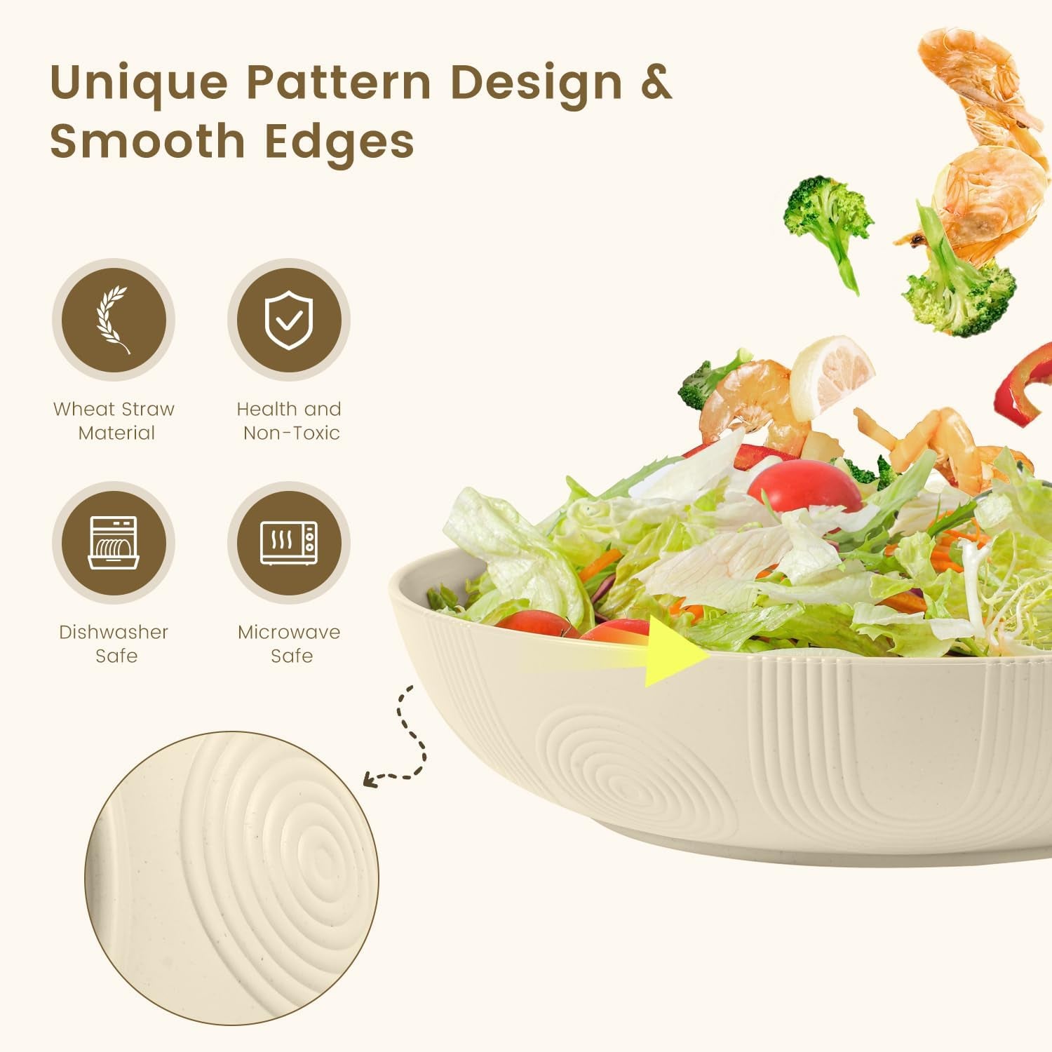 Large 65 Oz Wheat Straw Salad Bowls - Set of 6, 10 Inch Wide and Shallow Serving Bowls, Dishwasher Safe, Beige