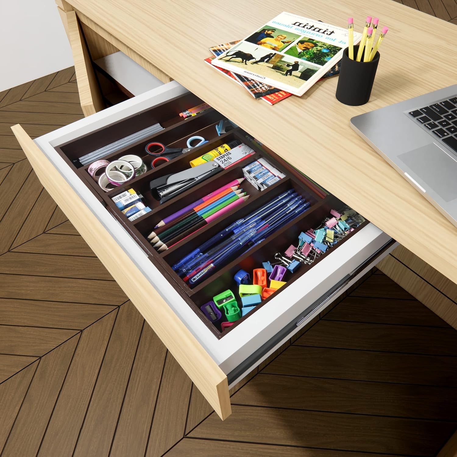 Expandable Drawer Organizer, Adjustable Kitchen Drawer Organizer, Bamboo Drawer Dividers Organizer for Kitchen, Silverware, Flatware, Living Room (Brown, 6-8 Compartment (1-Pack))