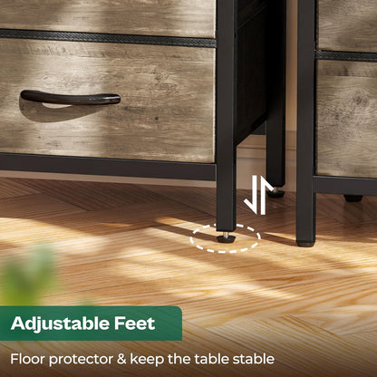 Oak Nightstand with Charging Station, Fabric Drawers, Open Shelf, USB Ports, and Outlets for Bedroom Use