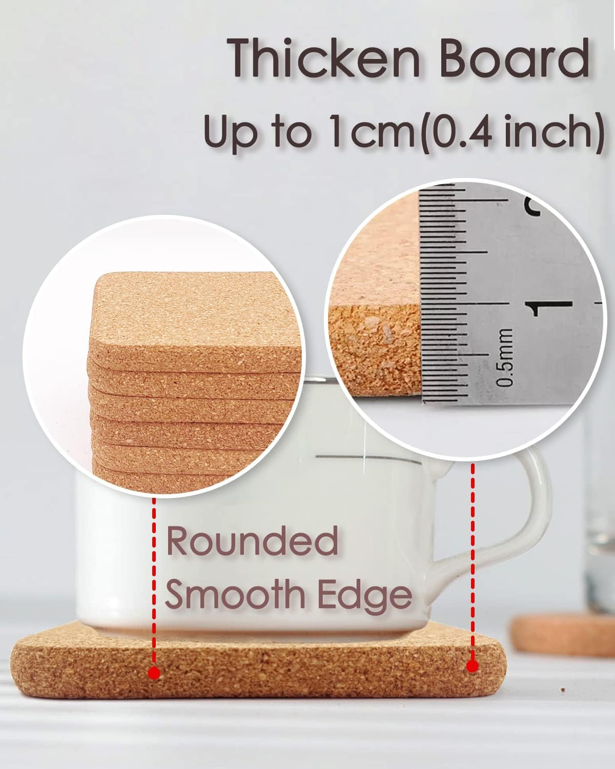 Cork Coasters for Drinks, 8 Pcs Square Extra Thick Absorbent Cork Coaster Sets, round Edge Drink Coaster, Cup Coasters for Kinds of Cups, Housewarming Gifts, Home Decor, 4 X 4 Inches