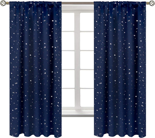 Kids Blackout Curtains for Bedroom, Rod Pocket Room Darkening Curtains Decoration Thermal Insulation Window Drapes for Nursery, Children Room, 2 Panels, Each 42 X 63 Inch, Navy Blue
