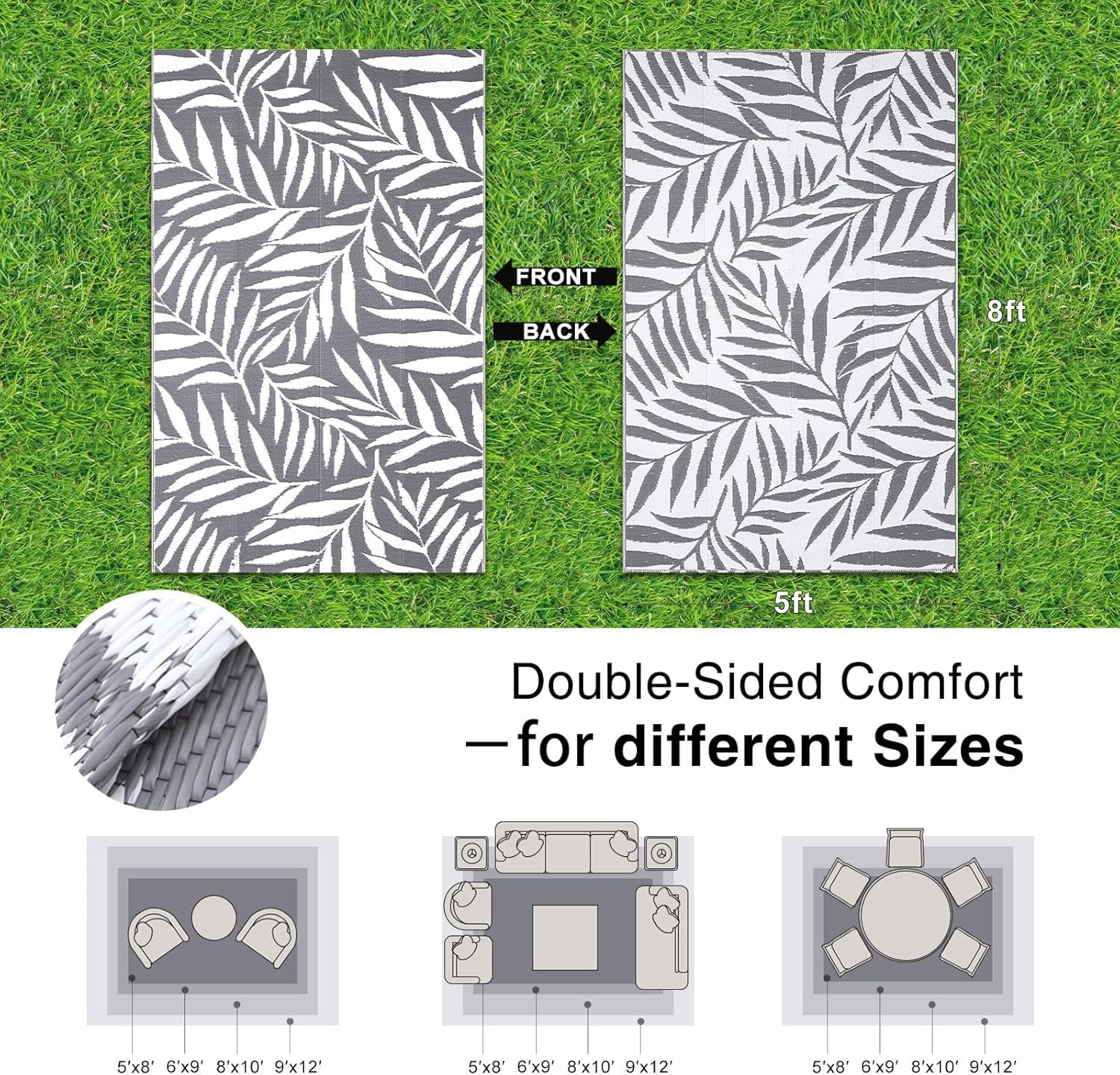 Waterproof Outdoor Rug 5X8 Ft, Reversible Outdoor Plastic Straw Rug with Leaf Pattern, RV Mat, Indoor Outdoor Carpet for Patio, Camping, Balcony, Deck, Backyard, Grey & White