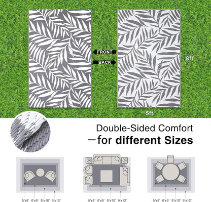 Waterproof Outdoor Rug 5X8 Ft, Reversible Outdoor Plastic Straw Rug with Leaf Pattern, RV Mat, Indoor Outdoor Carpet for Patio, Camping, Balcony, Deck, Backyard, Grey & White
