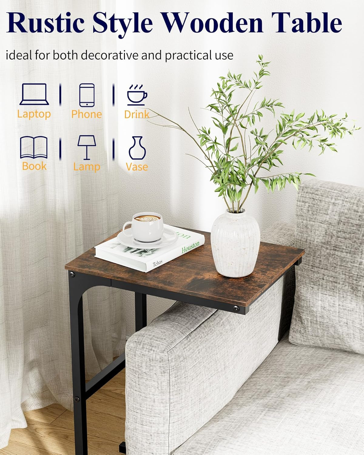 Side Table - C-Shaped Small End Tables for Living Room & Bedroom, Rustic-Style Narrow Couch Table for Small Spaces, Leveling Feet Attached, 15.7"×11.8"×24.0"