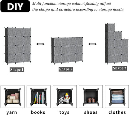 12 Cube Storage Organizer with Doors, DIY Plastic Closet Shelf, Modular Bookshelf, Stackable Shelving Rack for Bedroom, Living Room, Black ULPZ012