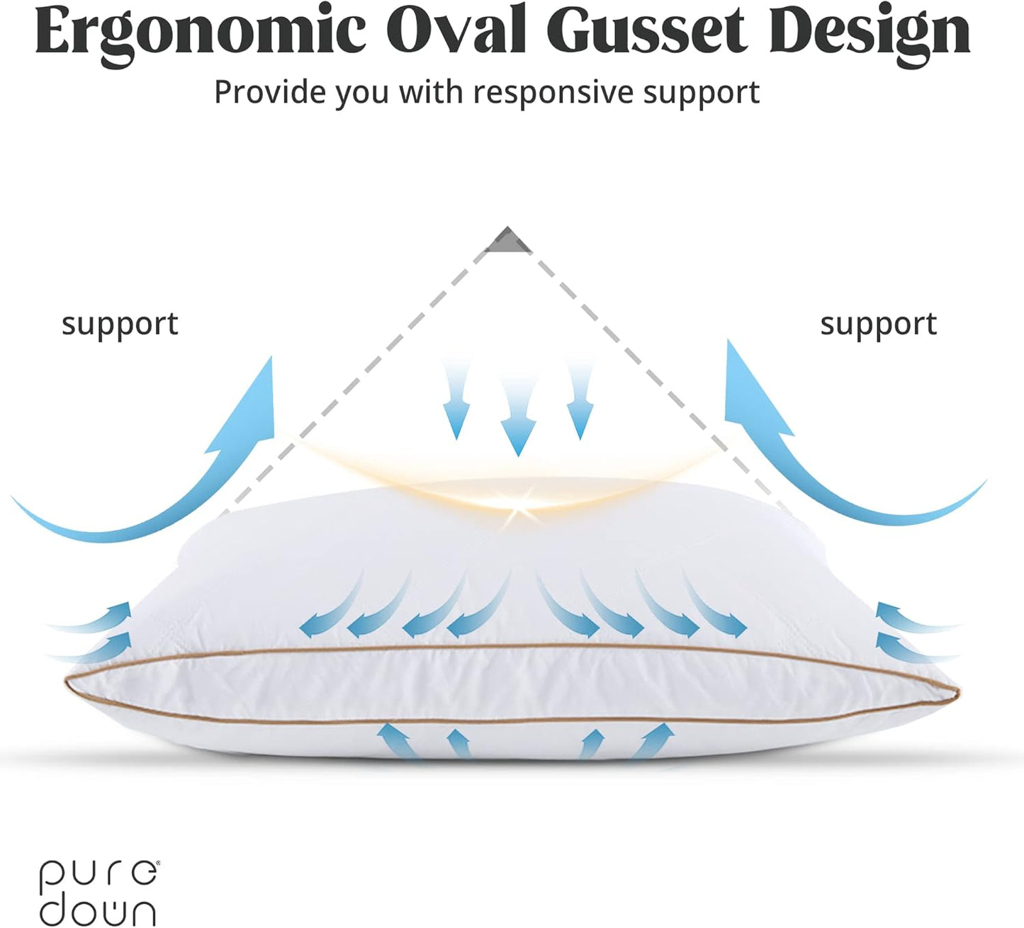 ® Natural Goose down Feather Pillows for Sleeping Oval Gusseted Feather down Pillow 100% Cotton Pillow Cover with Leaf Quilting King Set of 2
